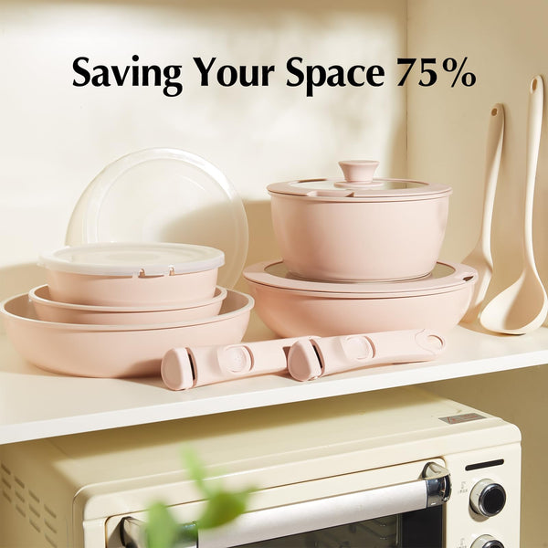 Redchef Ceramic Pots and Pans Set Non Stick, 16 pcs Nonstick Cookware Set with Detachable Handle, Non Toxic, PFAS PFOA & PTFE Free, RV Ceramic Cookware Set for Camping, Oven Safe (Pink)