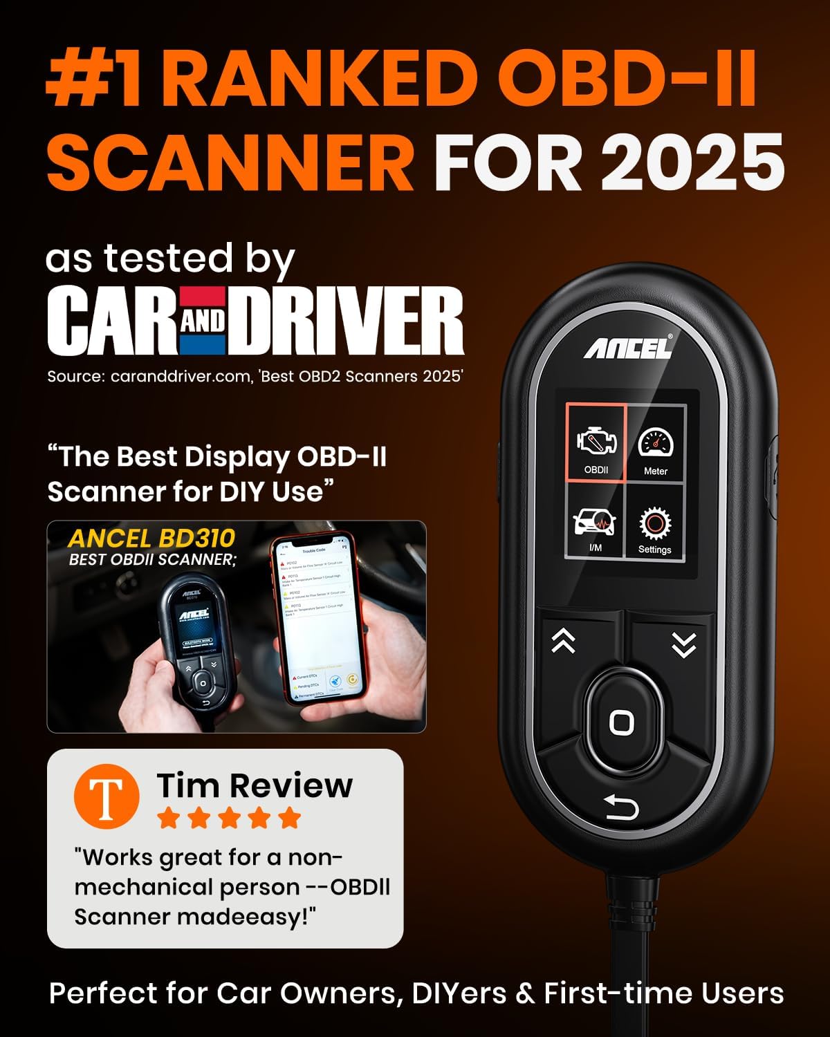 ANCEL BD310 OBD2 Scanner Bluetooth 5.0 : Upgraded 3-in-1 OBD2 Code Reader Diagnostic Tool, Check Engine Light, Battery Test, Professional iOS/Android App Support, Fits Post-1996 Vehicles.