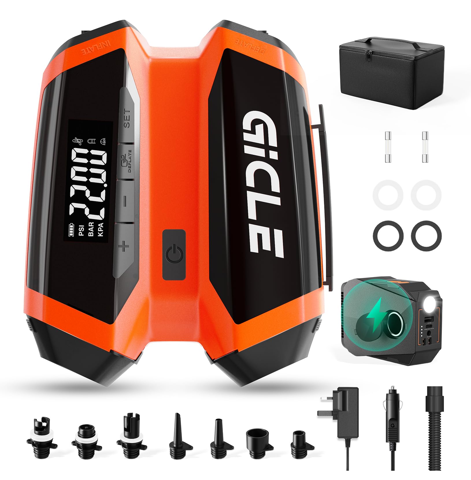 GICLE 22PSI SUP Pump Rechargeable, Electric Paddleboard Pump, Fast Inflation & Deflation, Removable Multifunctional Battery, Support DC 12V Input Work