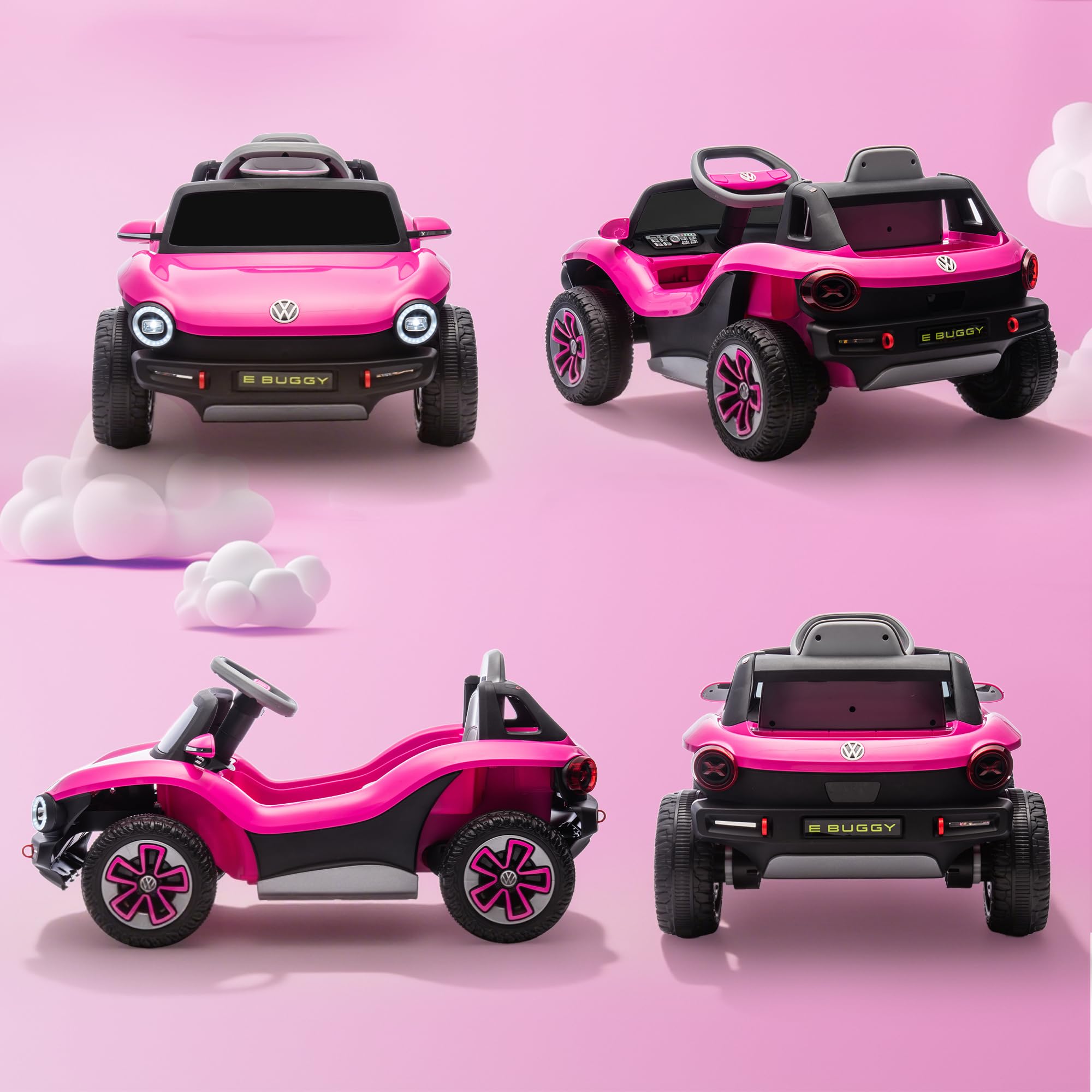 AIYAPLAY Volkswagen E-Buggy Licensed Electric Car for Kids, 12V Kids Electric Ride on with Remote Control, Suspension, Slow Start, LED Lights, USB, Music, Horn, for Ages 3-6 Years, Pink