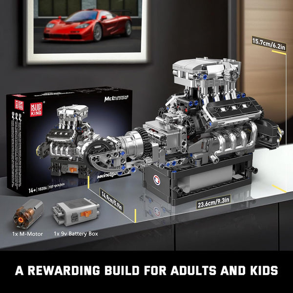 Mould King V8 Engine Building Blocks Set, 10206 Engine Model That Runs, Sports Car Engines Kit for Adults with Battery Box and Motor, Construction STEM Toy for Children Boys Girl (737 Pcs)