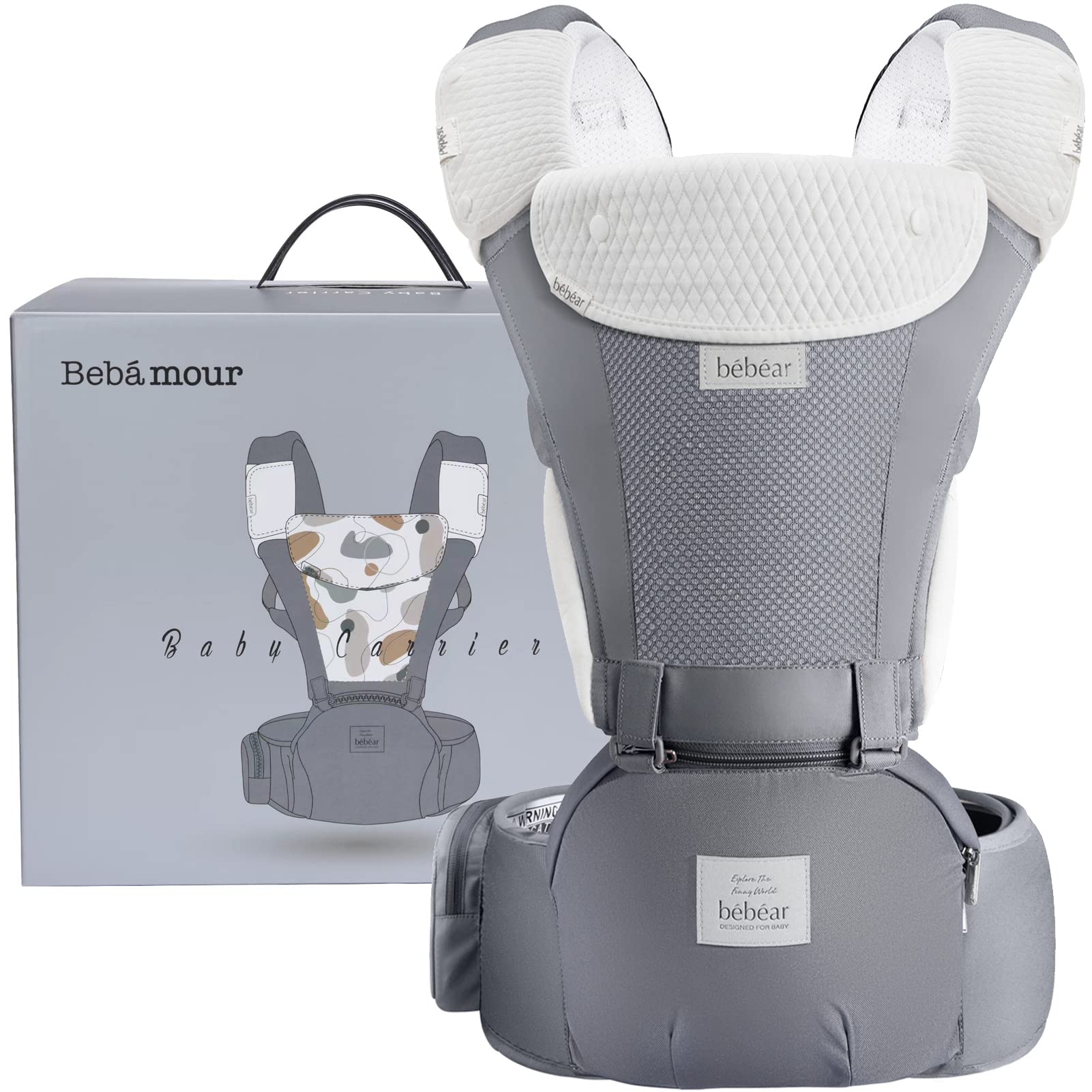Bebamour Baby Carrier Newborn to Toddler Baby Carrier Hipseat 0-36Months with Head Hood, 3 PCS Teething Pads, Waist Extender, Grey