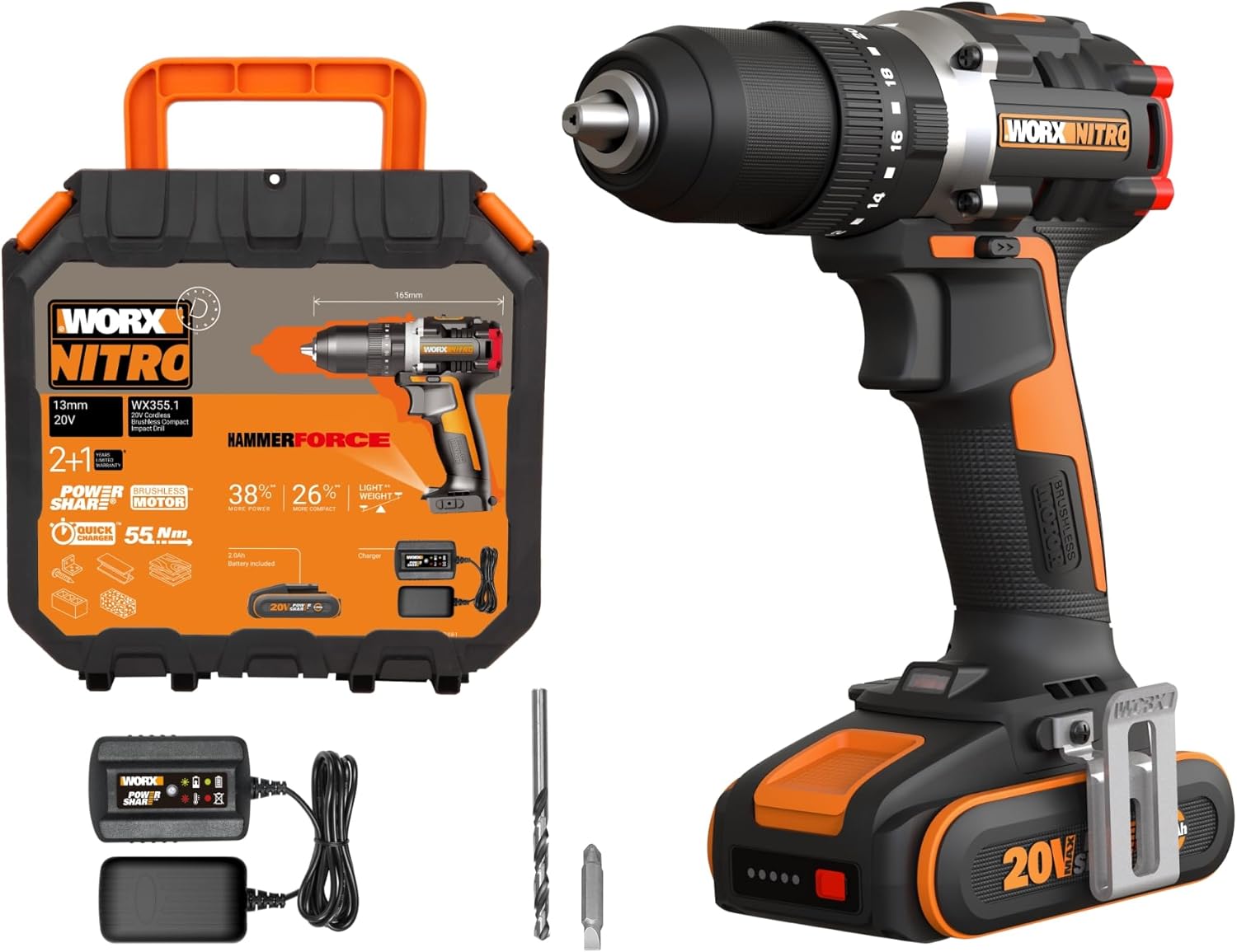WORX WX355.1 20V 55Nm Cordless Brushless Combi Hammer Impact Drill with 2.0Ah Battery, Charger & Case (20 Torque Settings)