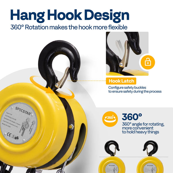 SPECSTAR Hand Chain Hoist 1250kg Capacity 3m with 2 Heavy Duty Hooks Manual Chain Fall for Warehouse Building Automotive Machinery