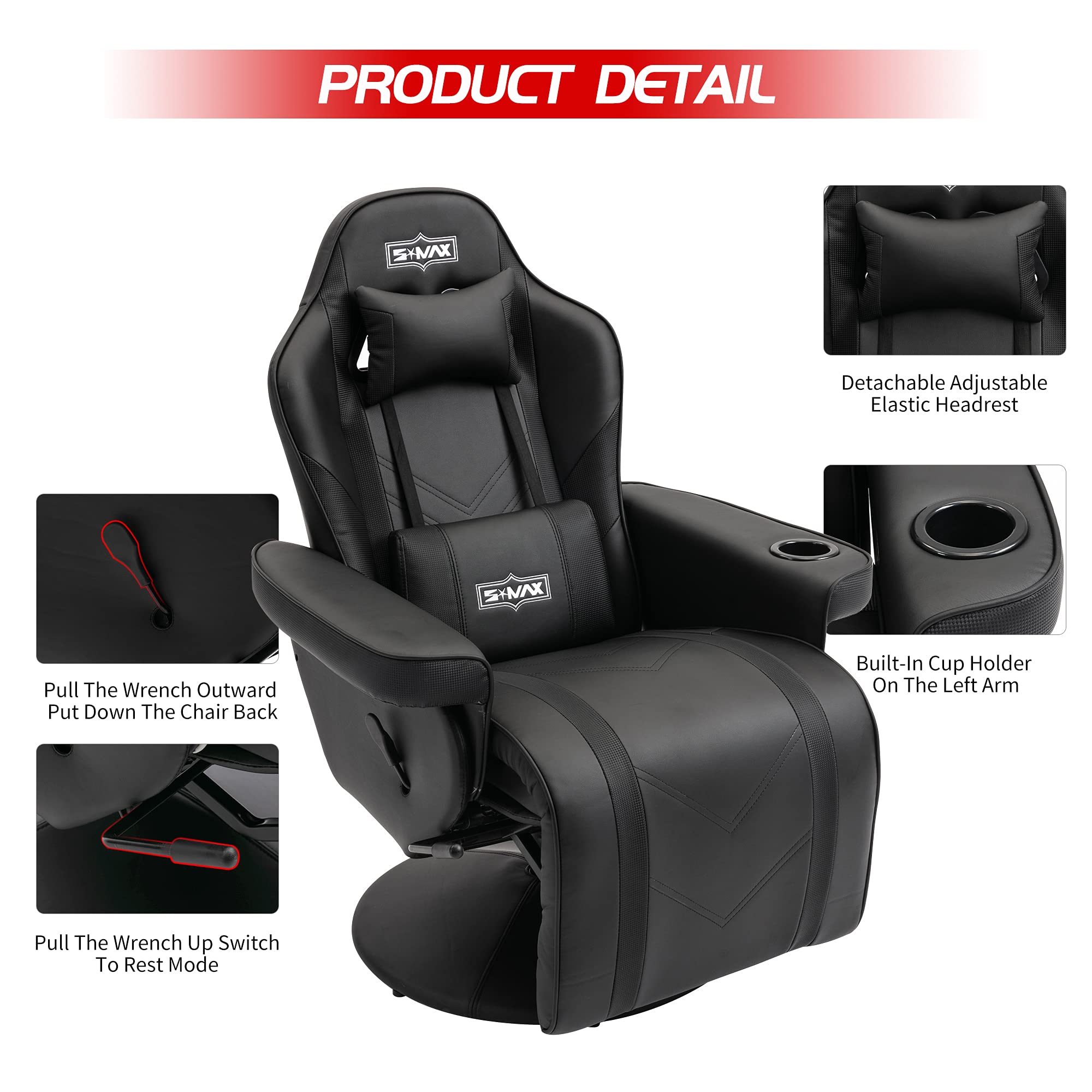 S*MAX Gaming Chair Recliner Height Adjustable Ergonomic Higher Back and Wider Lumbar Support Swivel PU Leather Gaming Chair with Footrest Cup Holder Gamer Chairs for Adults Black X Large
