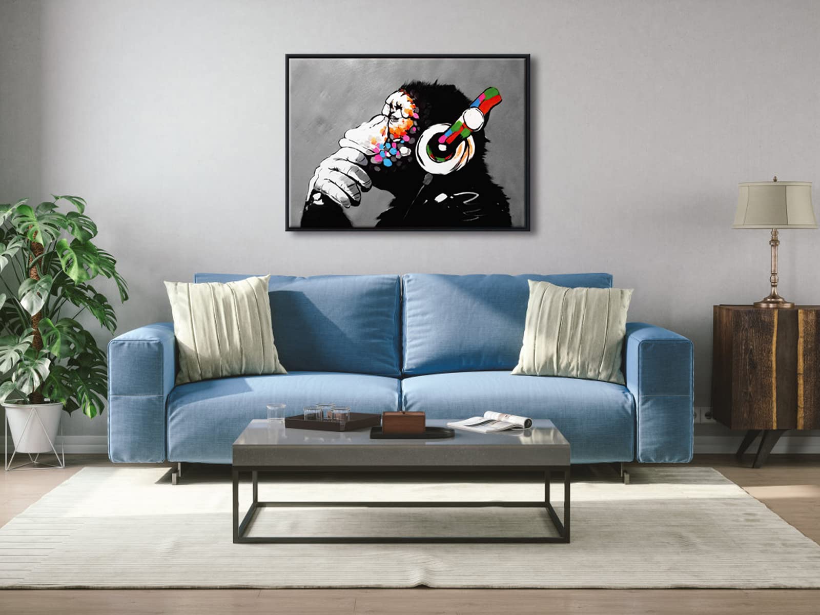 Wieco Art Black Framed Monkey With Headphones Banksy Graffiti Art Abstract Canvas Painting Posters and Prints Animal Canvas Wall Art for Wall Decor