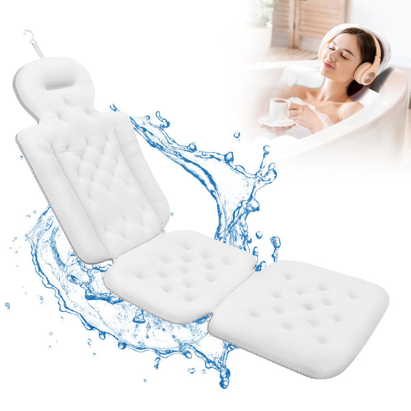 Full Body Bath Pillow, Luxury Bath Cushion with 192 Suction Cups, Bath Pillows for Tub for Head and Neck Support, with Laundry Bag White, 51" x 16"