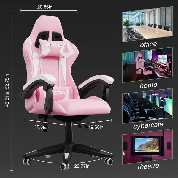 bigzzia Ergonomic Gaming Chair - Gamer Chairs with Lumbar Cushion + Headrest, Height-Adjustable Office & Computer Chair for Adults (without footrest, White)