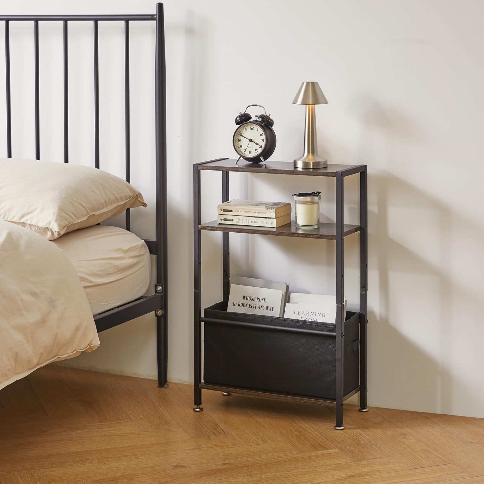 Aibiju Side Table with Storage, 3-Tier Slim Side Table with Fabric BasketNarrow Bedside Table Small Narrow Side Table for Small SpacesBedroom,Living