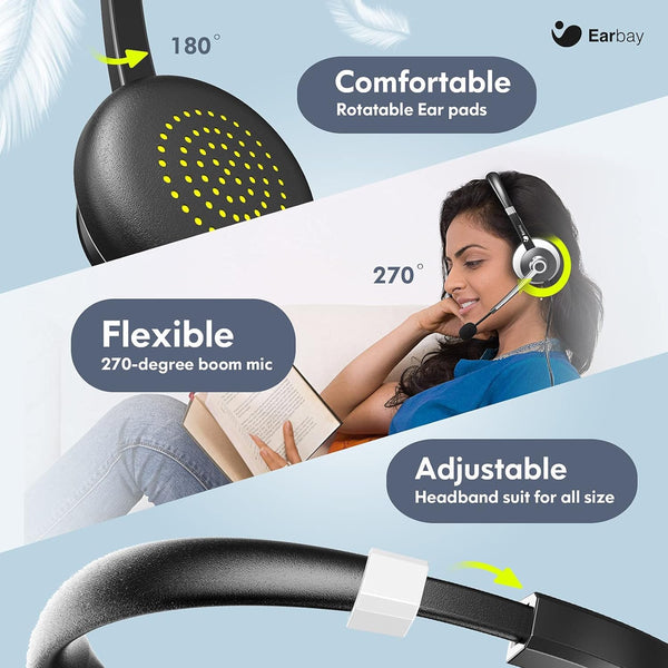 Earbay USB Headset With Microphone For Laptop, PC Headphones With Mic Noise Cancelling, Computer Headsets With In-Line Volume Control & Mute, Compatible with Ms teams, Zoom, Webex, Office, Home
