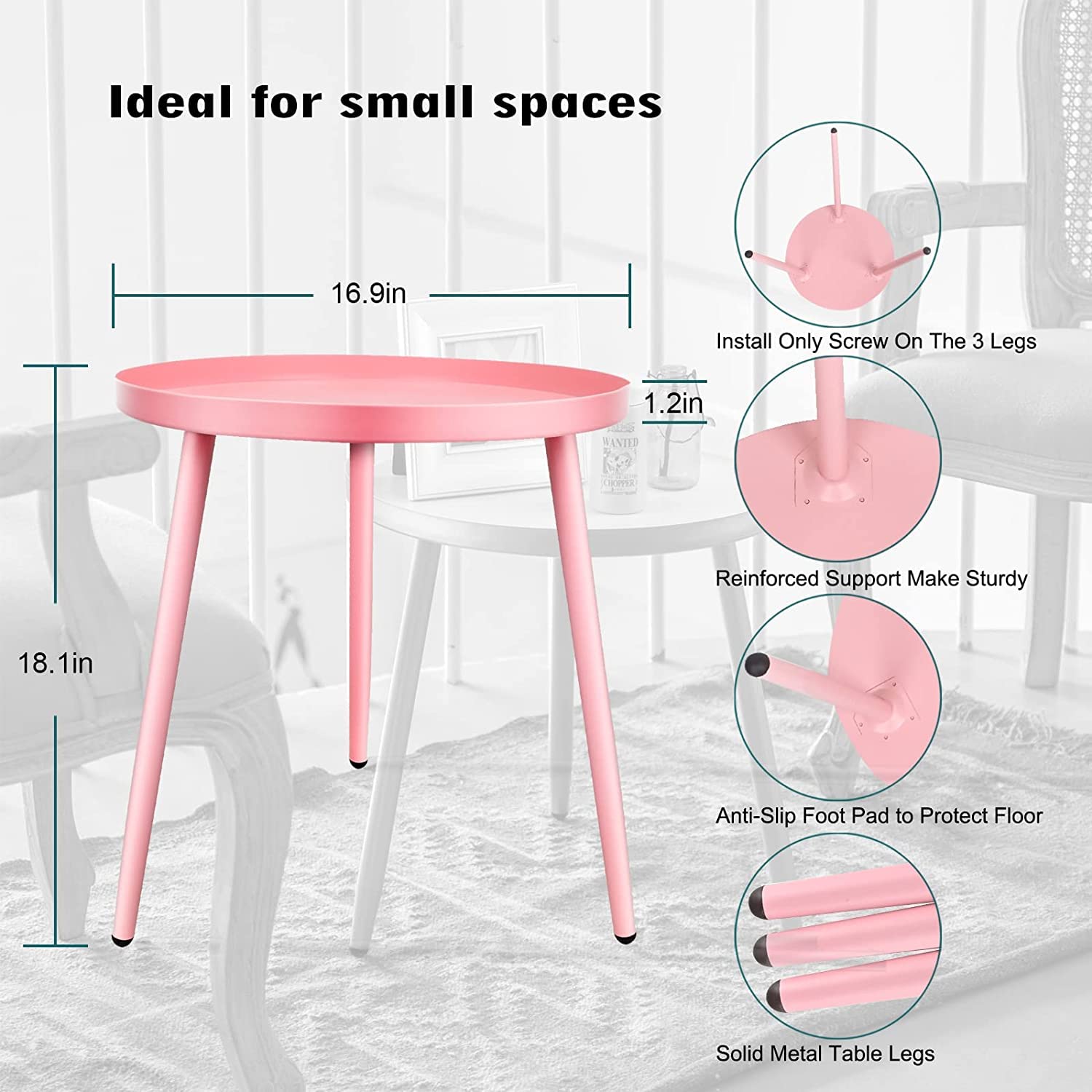AOJEZOR Round Side Table, Metal End Table, Nightstand/Small Tables for Living Room, Accent Tables Cheap, Side Table for Small Spaces (Pink)