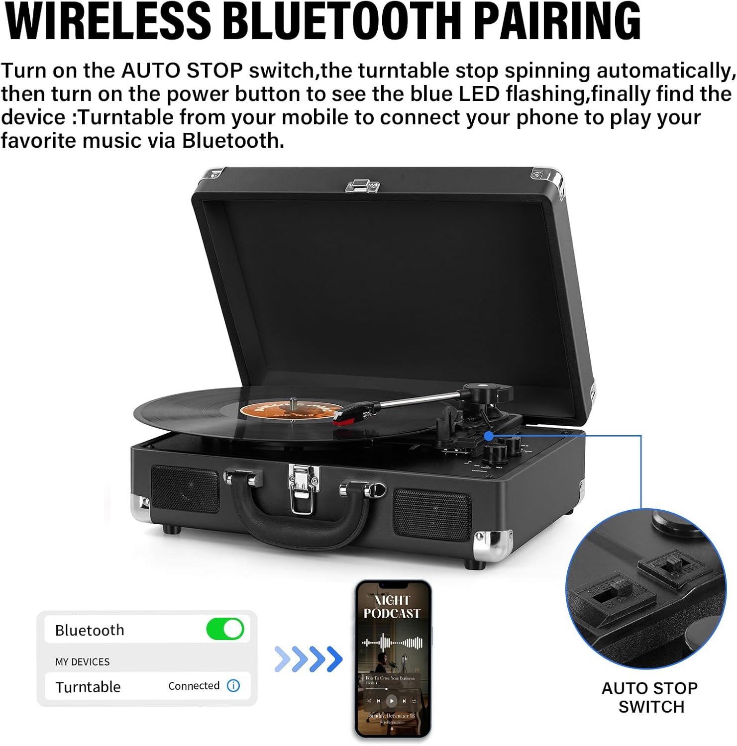 DIGITNOW!Three Speeds Turntable Retro Record Player with Built-in Stereo Speakers, Supports USB, RCA Output , Headphone Jack , MP3 , Mobile Phones Music Playback,Suitcase Design