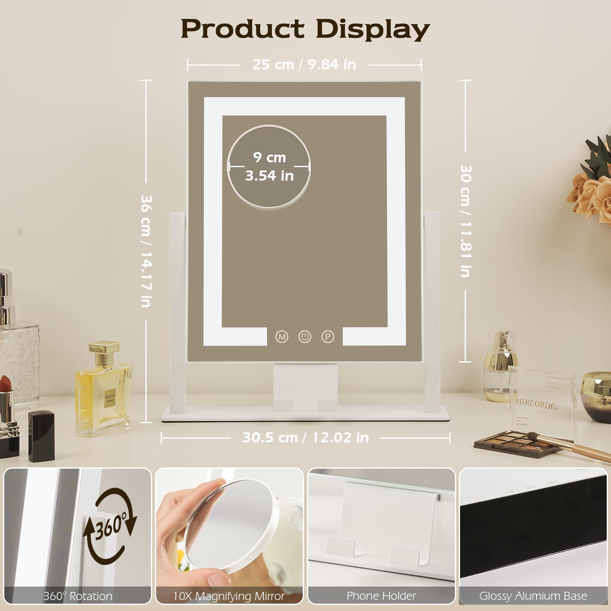 LuxeVue Vanity Mirror with Lights, 25 x 30cm LED Makeup Mirror, Lighted Makeup mirror with Dimmable 3 Modes, Smart Touch Control,360Rotation,Gifts