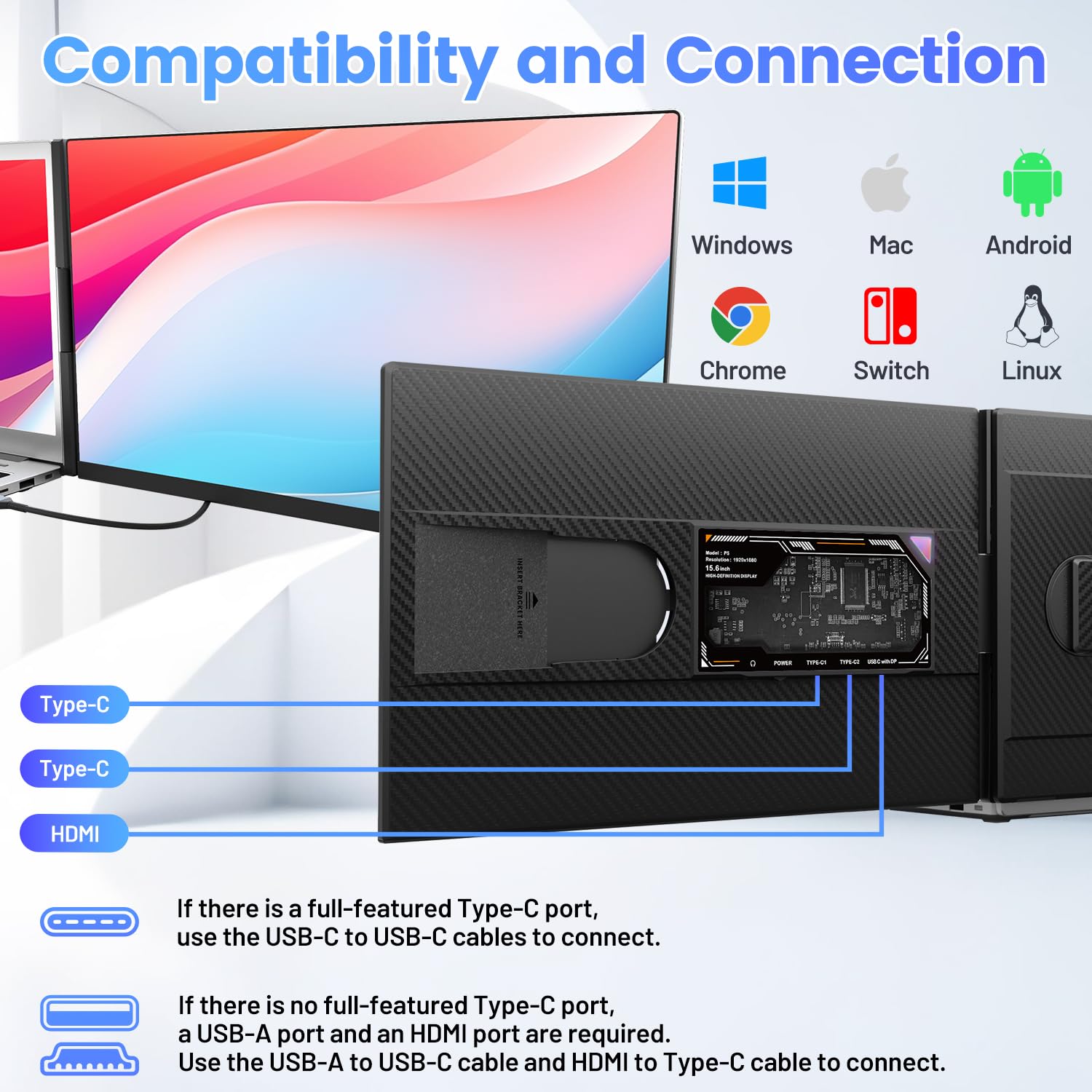Teamgee 15.6” Laptop Screen Extender, 1080P FHD IPS Portable Monitor Compatible with 13”-17”Laptops, Slim Bezel-less Screen Extender with Detachable, Plug-Play for Mac, Windows, Android & Chrome