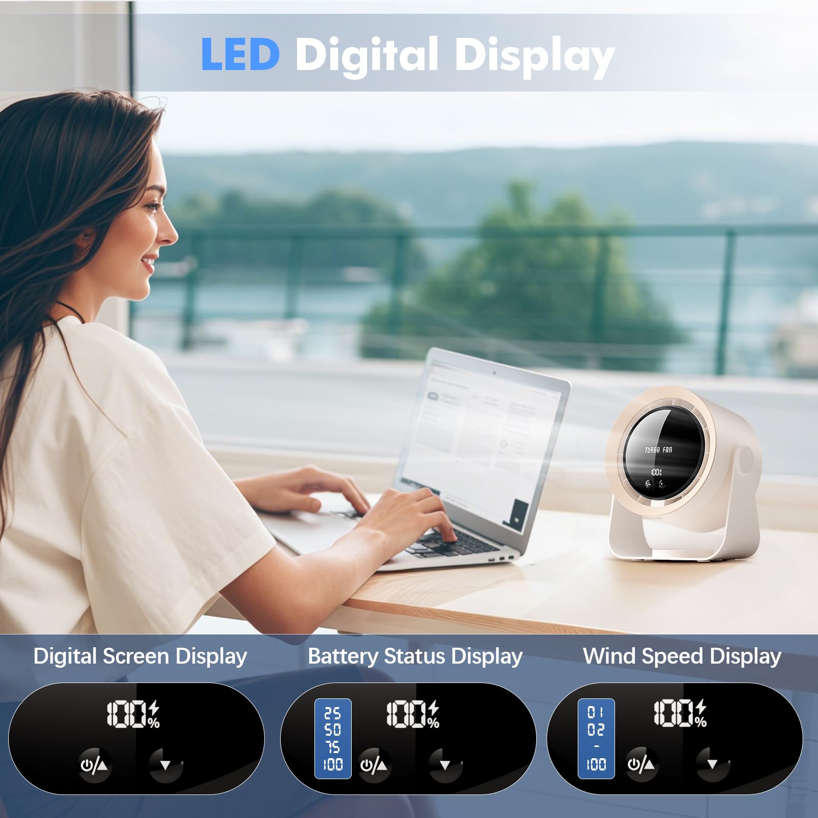 yokye Desk Fan, USB Desktop Fan with LED Display & Long Battery Life, 100 Speeds, 90° Adjustable Head Tilt, 3-in-1 Powerful Table Fan for Bedroom, Kitchen, Office, Home,Camping (Dark Gray)