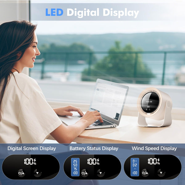 yokye Desk Fan, USB Desktop Fan with LED Display & Long Battery Life, 100 Speeds, 90° Adjustable Head Tilt, 3-in-1 Powerful Table Fan for Bedroom, Kitchen, Office, Home,Camping (Dark Gray)