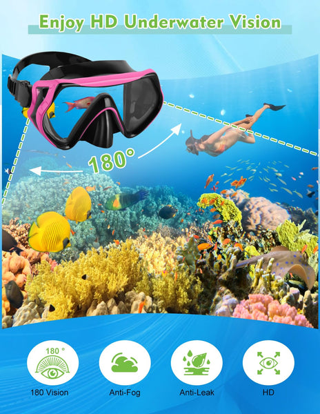 Hydomi Snorkel Set Adults 180° Panoramic Anti-Fog Snorkel Mask with Dry Top Valve, Leak-Proof Tempered Glass Diving Set for Swimming Snorkeling, Travel-Friendly Kit with Adjustable Straps