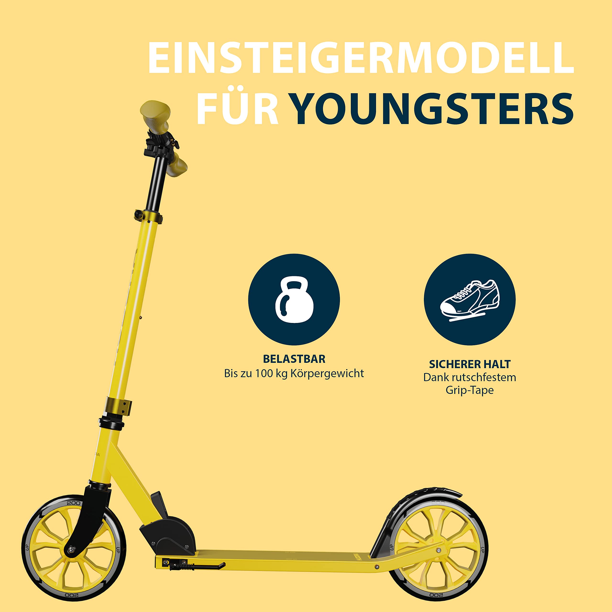 HUDORA Scooter Up 200 - Quiet aluminium scooter for up to 100kg - Adjustable in height & foldable kick scooter - Jolt-free kick scooter for children /
