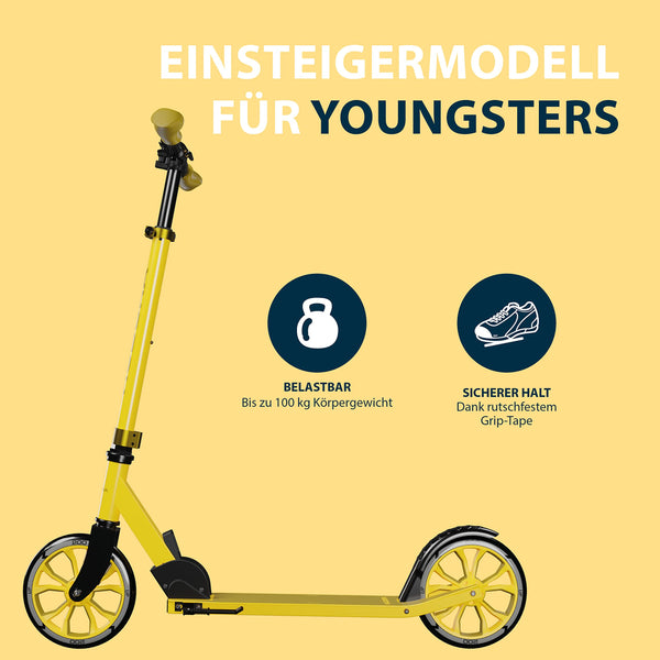 HUDORA Scooter Up 200 - Quiet aluminium scooter for up to 100kg - Adjustable in height & foldable kick scooter - Jolt-free kick scooter for children /