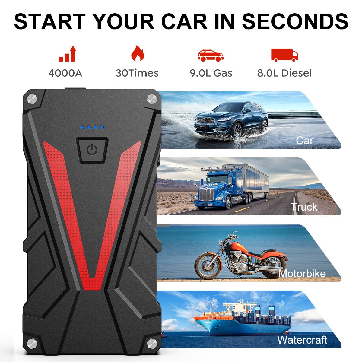 6000A Jump Starter Power Pack,12V Car Jump Starter, Portable Car Battery Booster Jump Starter with Jump Leads,Quick Charge,LED Flashlight