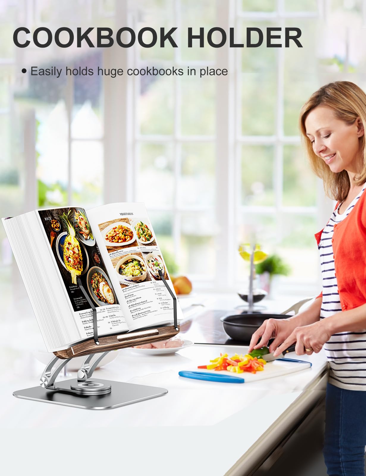 Tounee Book Stand for Reading, Adjustable Book Holder with 360 Swivel Base, Foldable Cookbook Stand Recipe Book Holder with Elastic Page Clips for