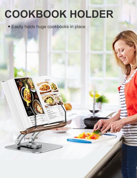 Tounee Book Stand for Reading, Adjustable Book Holder with 360 Swivel Base, Foldable Cookbook Stand Recipe Book Holder with Elastic Page Clips for