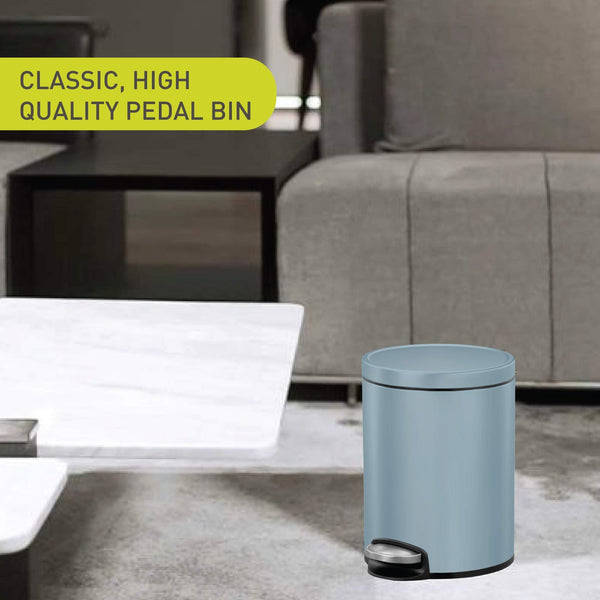 EKO Eva Pedal Bathroom Bin 5 Litres, Rubbish Bin with Soft Close Lid, Removable Inner Bucket, Perfect for Bathroom, Bedroom & Home, Titanium Blue