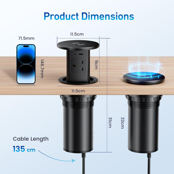 Pop up Socket, Pop up Sockets for Kitchen Worktops Automatic Pop up Power Outlet with 15W Wireless Charger, 7 in 1 Pop up Outlet for Desk Countertops, 4 * AC Outlet, 1 * USB-A, 1 * USB C