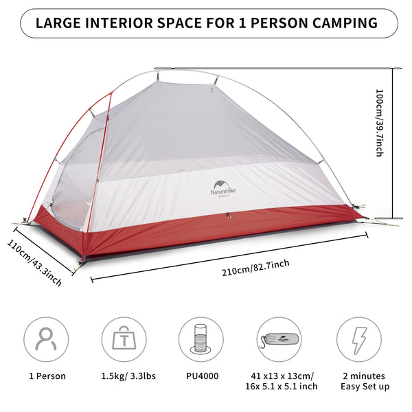 Naturehike Cloud up 1 Person Backpacking Tent Lightweight Camping Hiking Dome Tent for 1 Man