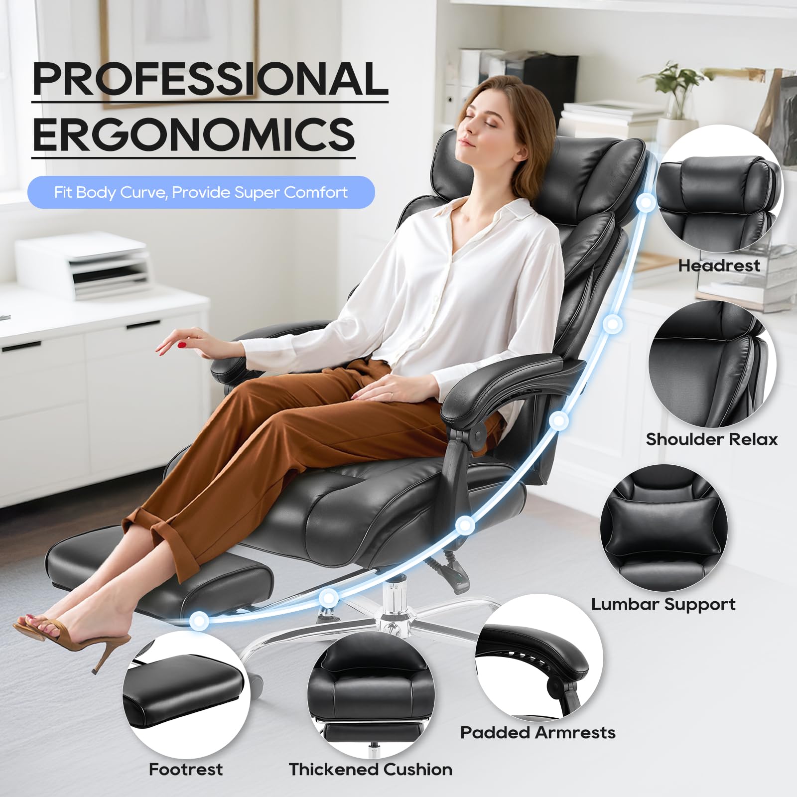 COLAMY Executive Office Chair with Footrest - Ergonomic High Back Design, Thick Bonded Leather Computer Chair with Removable Lumbar Pillow, Recliner Desk chair for Home Office Work Comfort (Black)