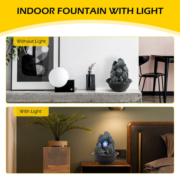 Dyna-Living Indoor Fountain, Tabletop Water Fountain, Rockery Meditation Water Fountain with LED Crystal Ball, Indoor Water Feature for Home Office