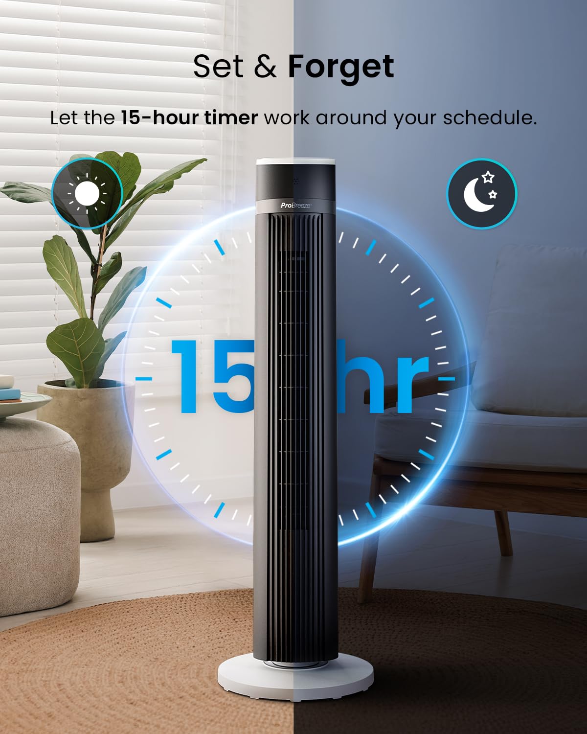 Pro Breeze Bladeless Tower Fan Quiet & Portable with Remote Control, 90° Oscillation, 15h Timer, 4 Modes, 3 Speeds - Powerful Electric 45W Motor Standing Air Circulator for Bedroom & Office