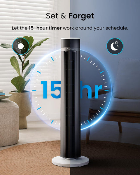 Pro Breeze Bladeless Tower Fan Quiet & Portable with Remote Control, 90° Oscillation, 15h Timer, 4 Modes, 3 Speeds - Powerful Electric 45W Motor Standing Air Circulator for Bedroom & Office