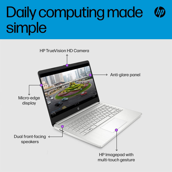 HP 14" Laptop, Intel Core i5-1235U Processor, 8 GB RAM, 512 GB SSD, Intel Iris Xe Graphics, FHD Display, Up to 8hrs battery, Win 11, Dual Speakers, Natural Silver, 14s-dq5005sa