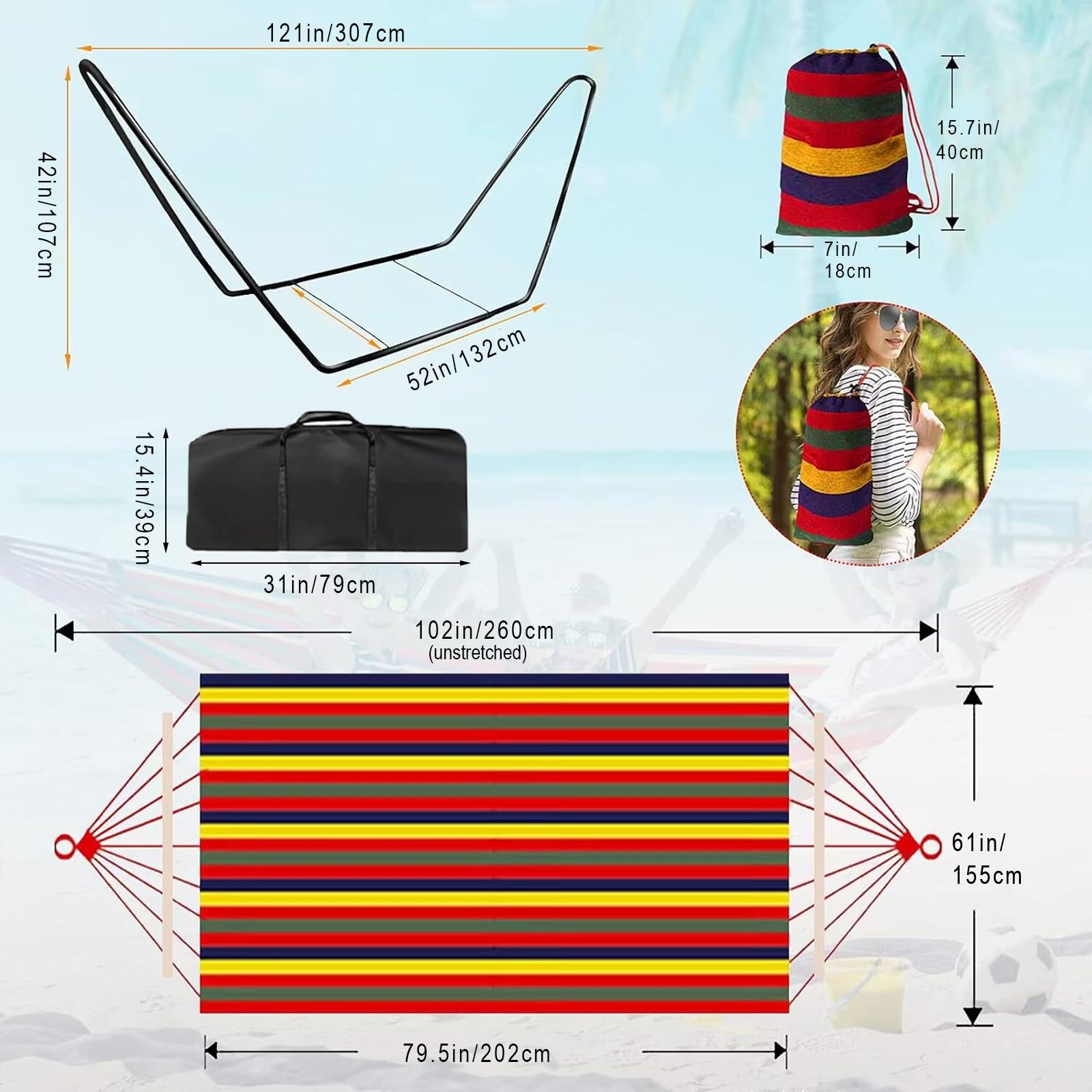 Hammock with Stand, Double Cotton Hammock with Spreader Bars, Space-Saving and Adjustable Steel Stand Perfect for Garden Camping Travel Backyard,