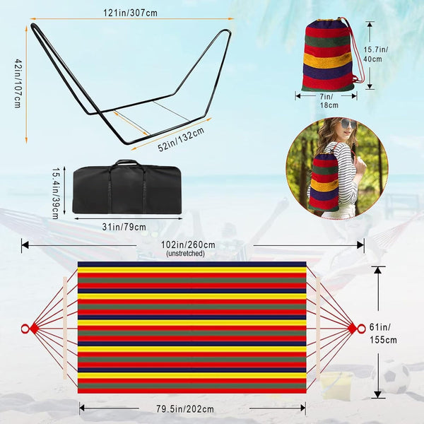 Hammock with Stand, Double Cotton Hammock with Spreader Bars, Space-Saving and Adjustable Steel Stand Perfect for Garden Camping Travel Backyard,