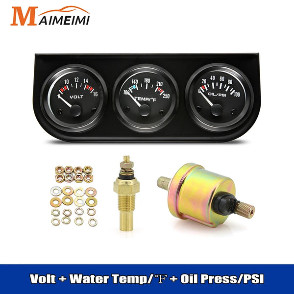 3 in 1 Voltmeter 8-16V Water Temp 100-250°F 0-100psi Oil Pressure Gauge Kit With Sensor Triple Mete For Car SUV Truck