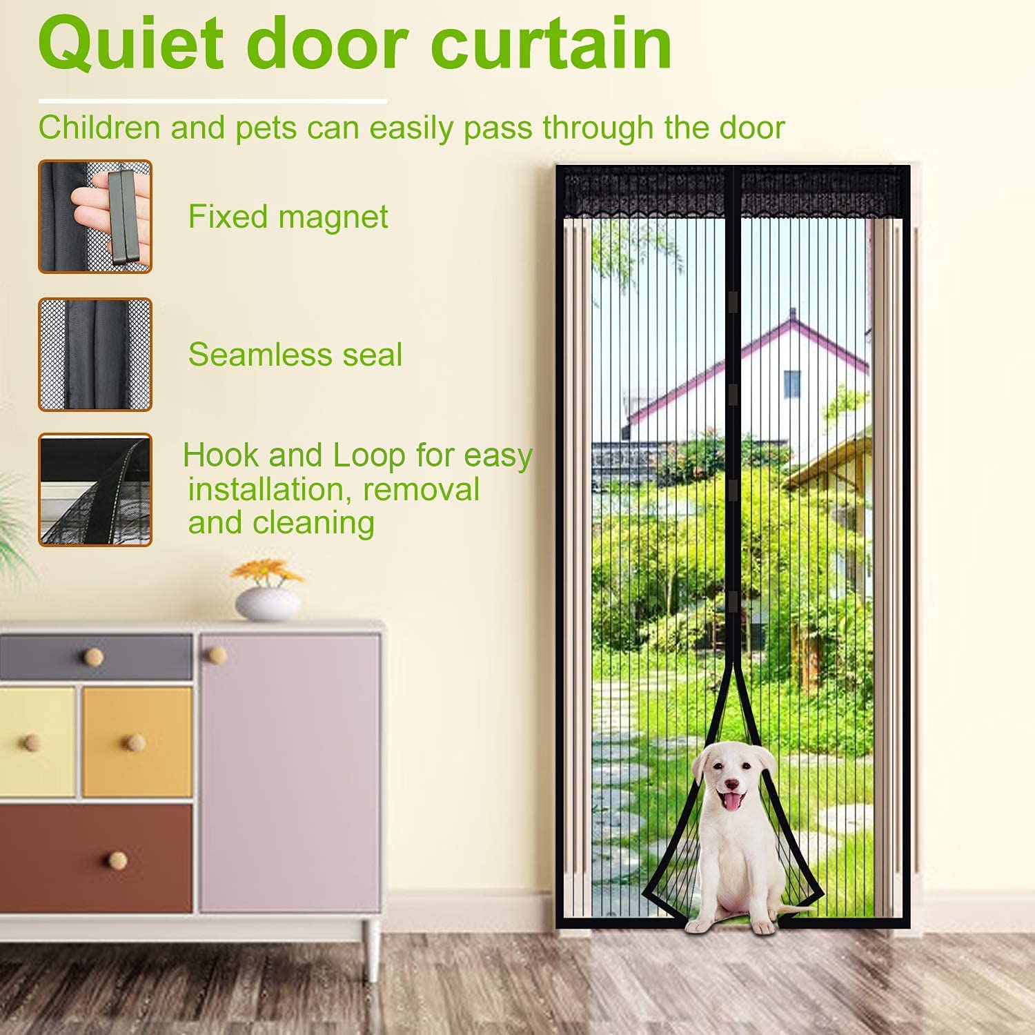EXTSUD Magnetic Fly Screen Door Keep Insects Out Mosquito Door Screen Easy to Install without Drilling Top-to-Bottom Seal Automatically for Balcony Sliding Living Room Children's Room, 90x210 cm