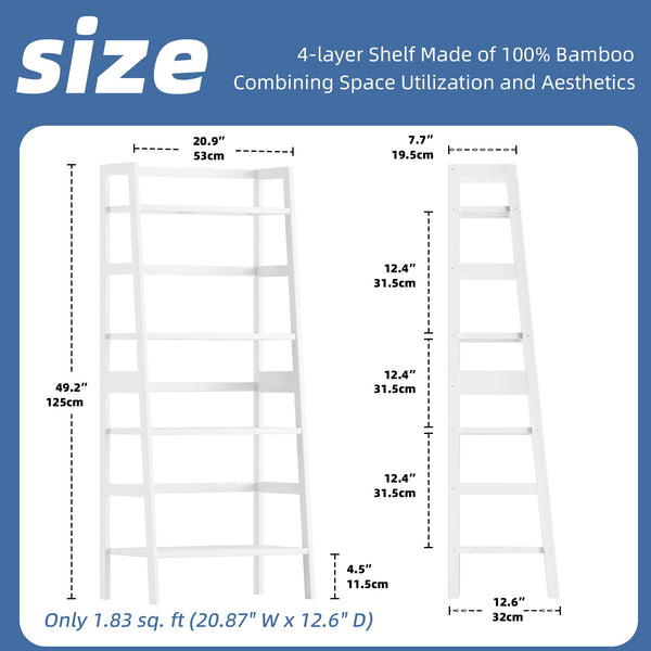 HITNET White Ladder Bookshelf, Leaning Bookcase, 4-Tier Bamboo Shelf, Floor Standing Storage Shelving Unit, Open Display Book Shelves