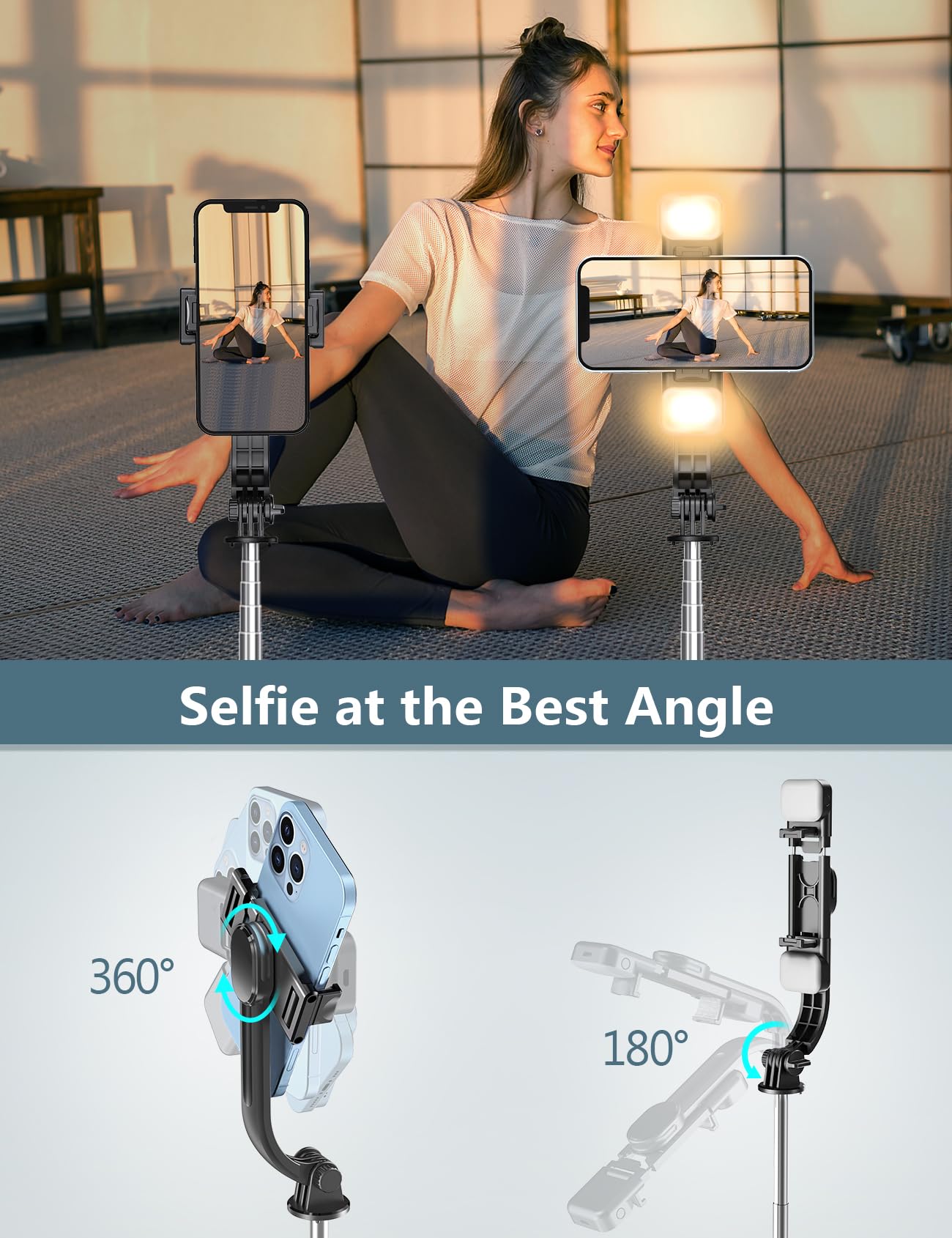Selfie Stick Tripod with 2 Fill Lights, 45'' Extra Long Phone Tripod with Detachable Remote, Compatible with iPhone, Samsung, Smartphones