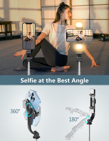 Selfie Stick Tripod with 2 Fill Lights, 45'' Extra Long Phone Tripod with Detachable Remote, Compatible with iPhone, Samsung, Smartphones