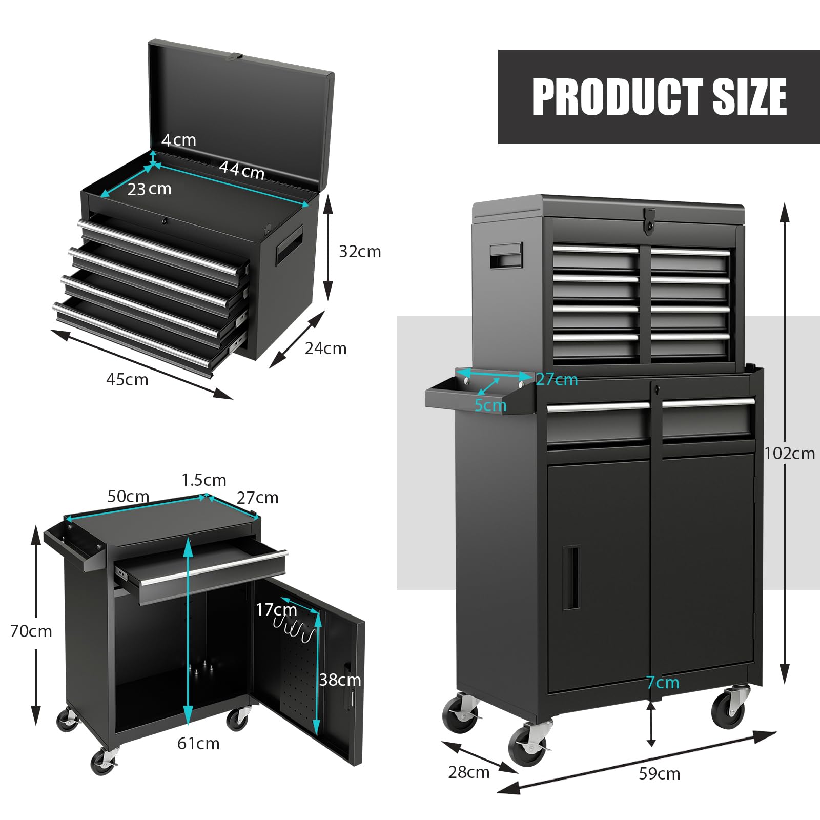 COSTWAY Large Rolling Tool Cabinet, 2-in-1 Detachable Metal Tool Chest with Drawers, Wheel, Handle, Hooks & Pegboard, Lockable Tool Box Trolley for Garage Workshop (with Middle Compartment, Black)