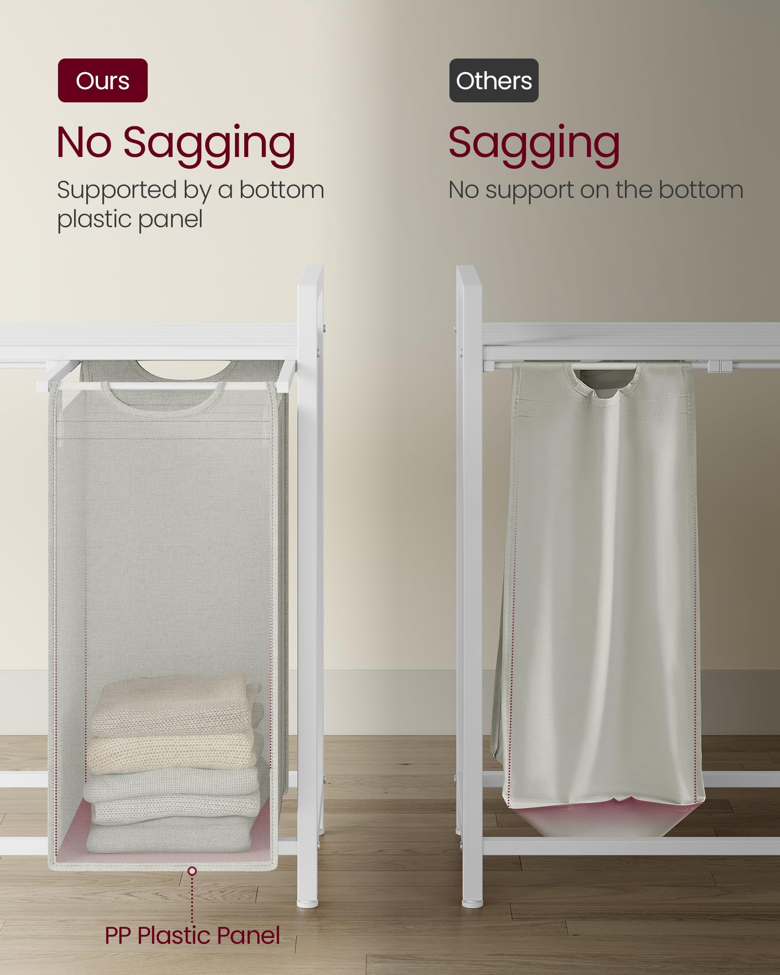 VASAGLE Laundry Basket, Laundry Hamper, Pull-Out and Removable Liner Bag, Shelf, Metal Frame, 65 L, 50 x 33 x 72 cm, Ink Black and Rustic Brown BLH101B01