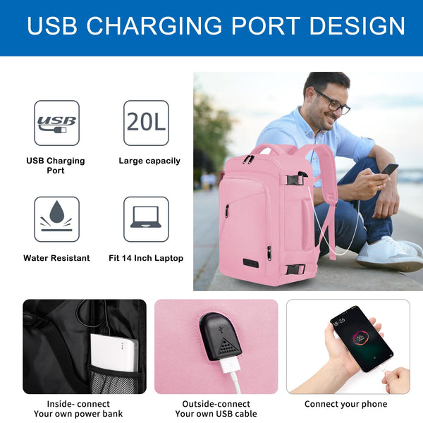 Cabin Bags 40x20x25 for Ryanair Underseat 20L Small Travel Hand Luggage Backpack Carry-ons Bag Cabin Size for Airplanes Flight Bag Travel Rucksack Fit 14 Inch Laptop with USB Charging Port-Black