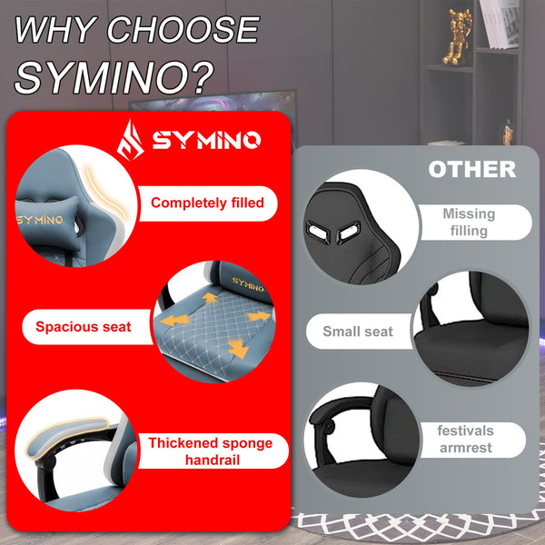 Symino Gaming Chair with Footrest, Computer Ergonomic Video Game Chair, Adjustable Swivel Task Chair with Lumbar Support, PC Chair, Office Chair PU Leather, Grey&White