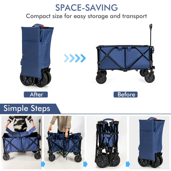 COSTWAY Folding Camping Wagon, Collapsible Beach Garden Trolley with Cup Holders and Adjustable Handle, Canvas Transport Utility Cart for Shopping Gardening Sporting Events (Navy Blue)
