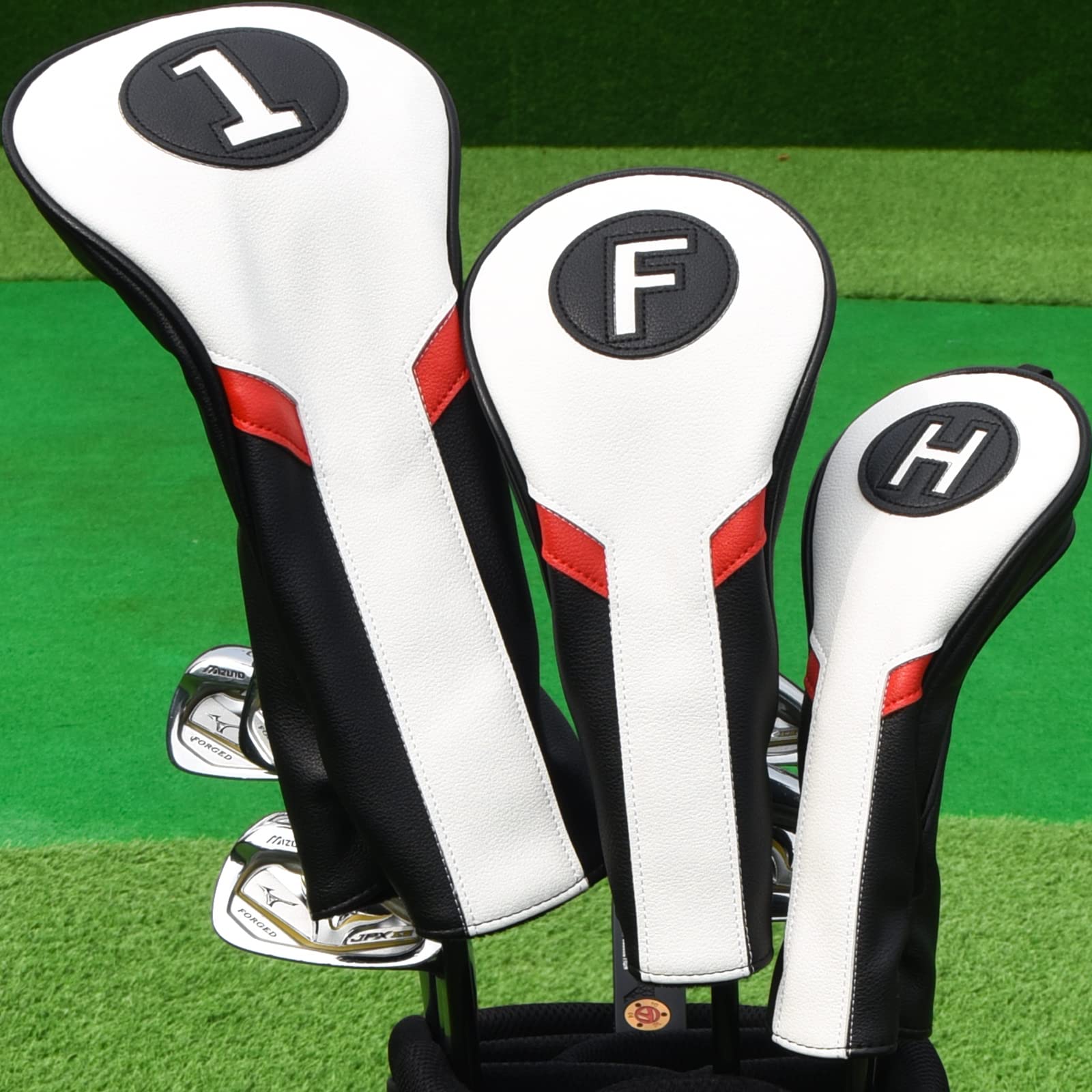 Golf Club Head covers Wood Set 3 PACKS 1FH DR FW UT for Driver Fairway Hybrid with No.Tag Elastic Closure White&Black&Red PU Leather