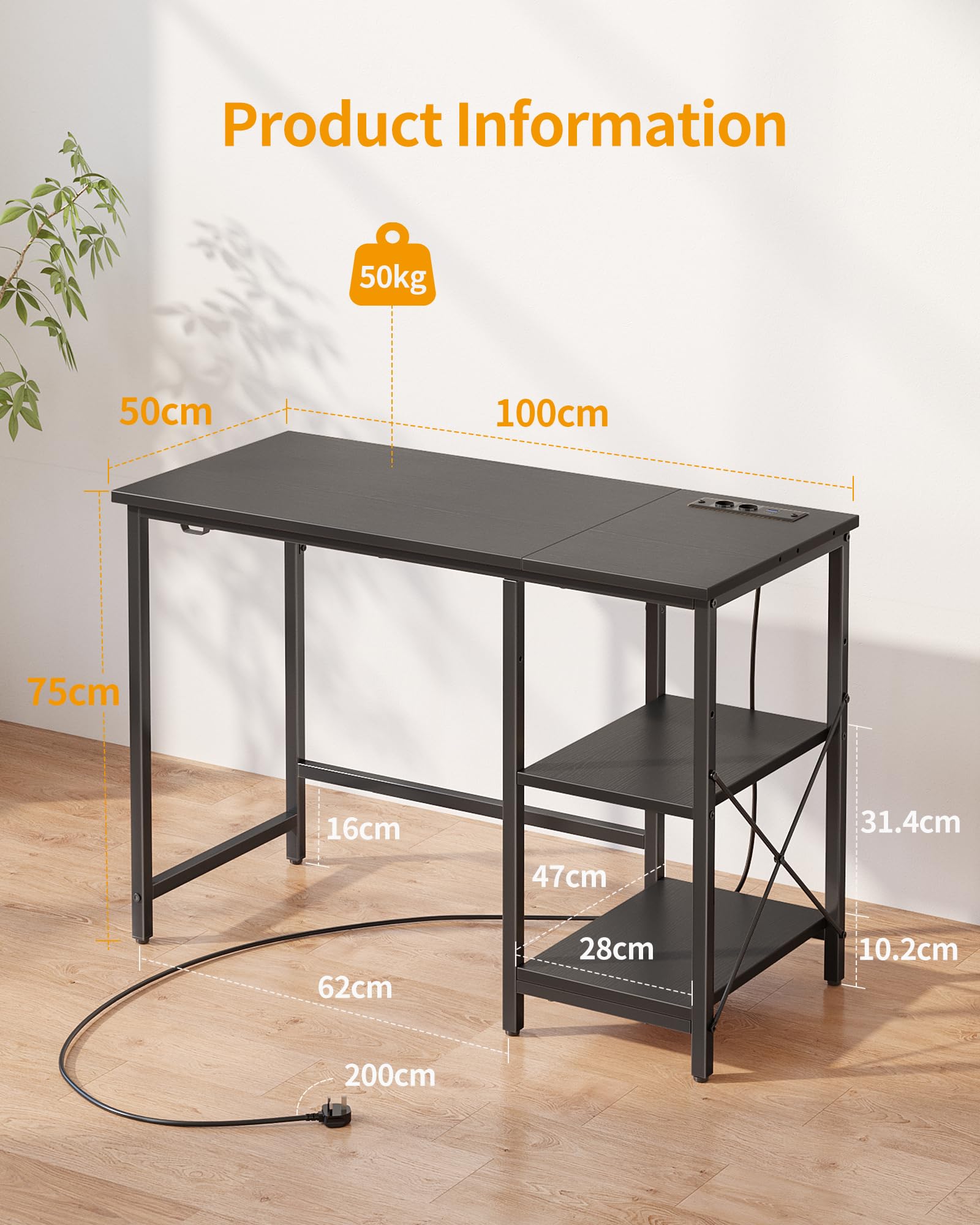 CubiCubi Computer Desk with Monitor Stand and Storage Shelves, 120cm Home Office Desk Study Writing Table, White