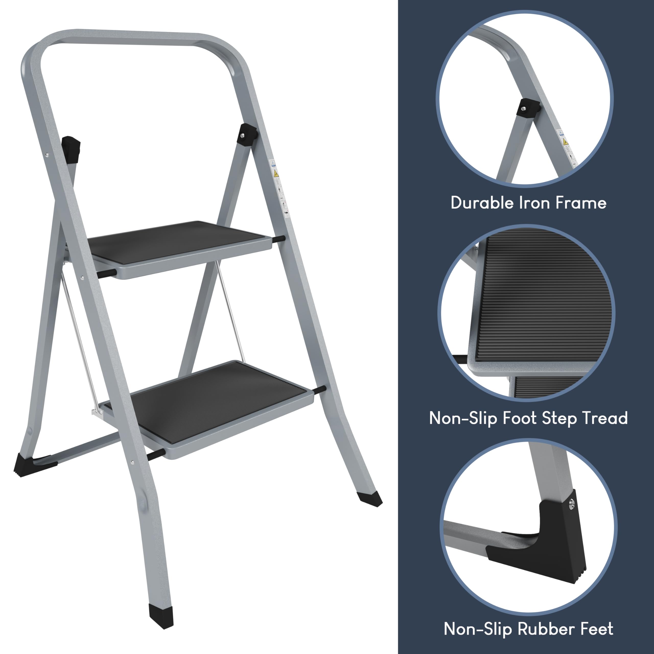 Home Vida 3 Step Ladder - Heavy Duty Steel Folding Ladder with Slip-Resistant and Wide Steps, Folding Mechanism, 150kg Max Load, Home/Kitchen/DIY/Garden Use, White