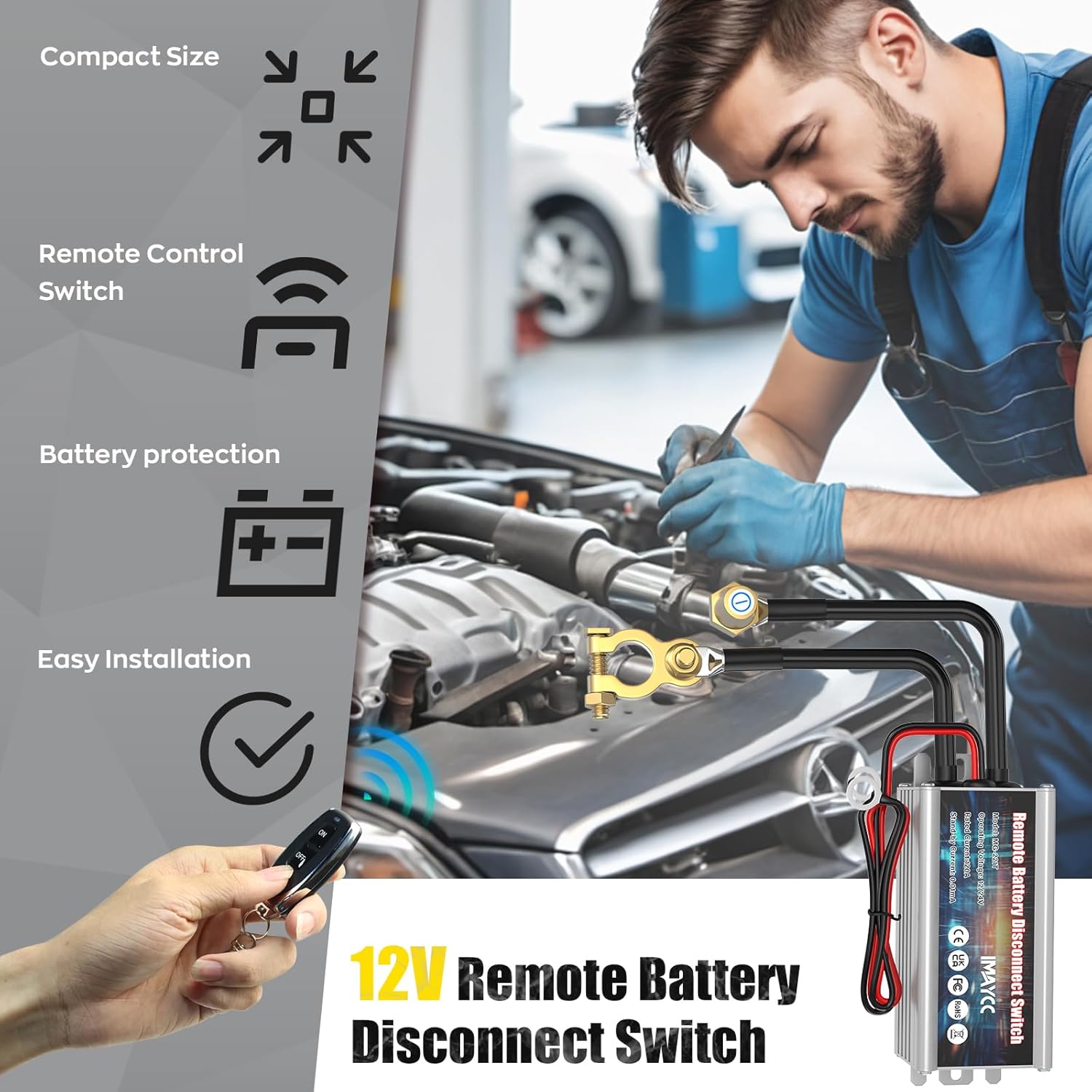 IMAYCC Wireless Kill Switch for Car, Remote Battery Disconnect Switch 12V 120A,Battery Cut off Switch 12v,Car Battery Isolator Switch Anti Theft, Automatic Cut/Shut Off Switch for RV, ATV,Truck, Boat.